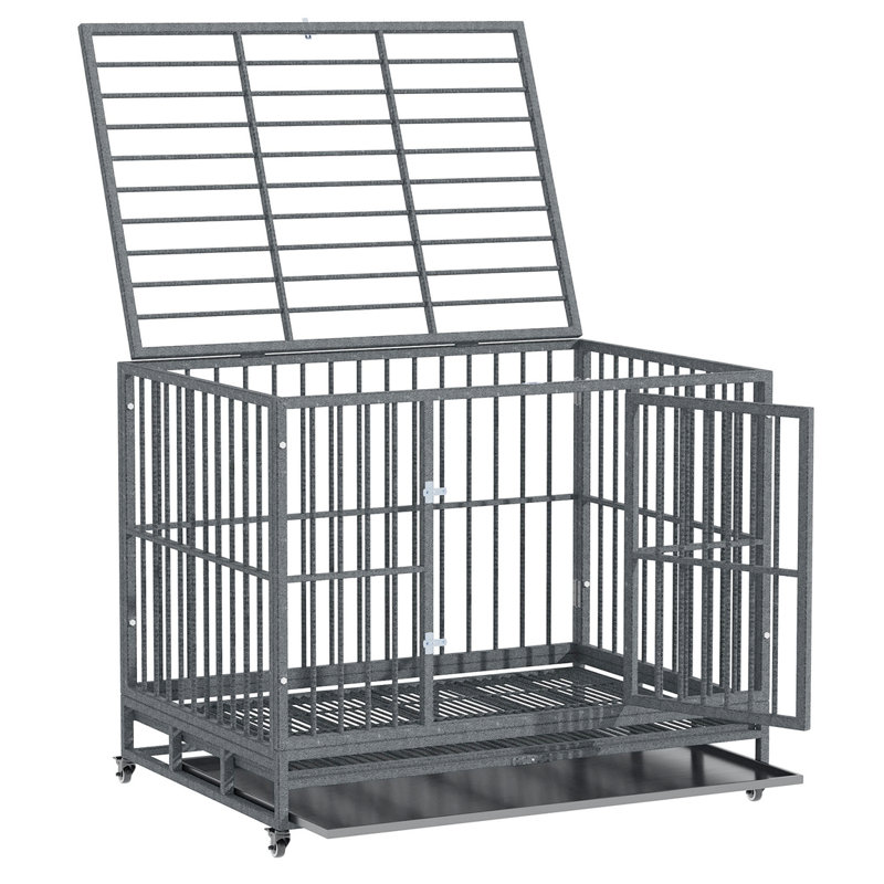 Large Gray Rolling Metal Dog Crate with Double Doors
