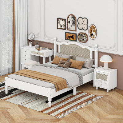 Ensemble de chambre à coucher 3 pièces avec cadre de lit en bois, 1 table de chevet rétro et 1 coiffeuse de maquillage avec tabouret
