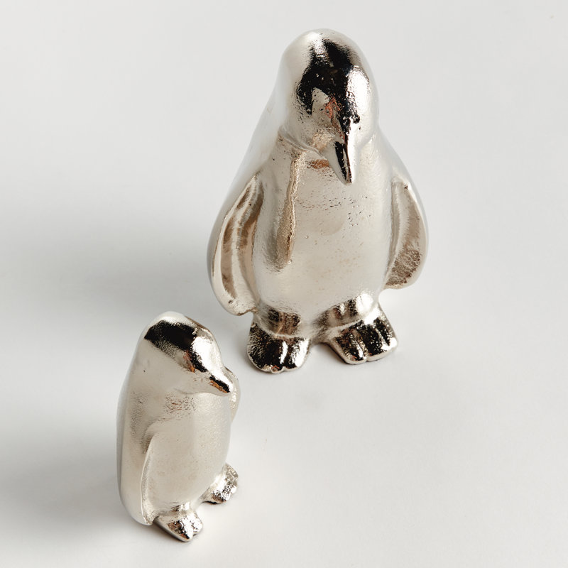 Sand-Cast Aluminum Penguin Pair Sculptures in Silver, Silver