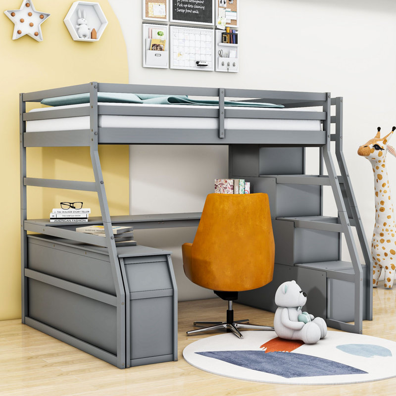 7 Drawers Wood Full Loft Bed With Shelves And Desk, Gray