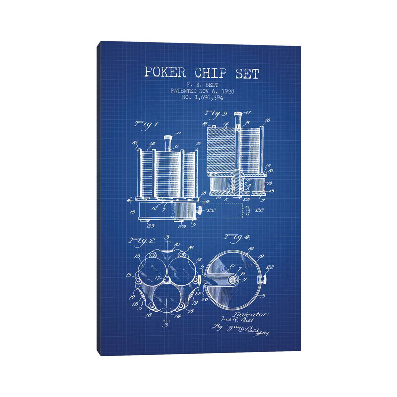 F.R. Belt Poker Chip Set Patent Sketch (Blue Grid) by Aged Pixel - Wrapped Canvas Gallery-Wrapped Canvas Giclée
