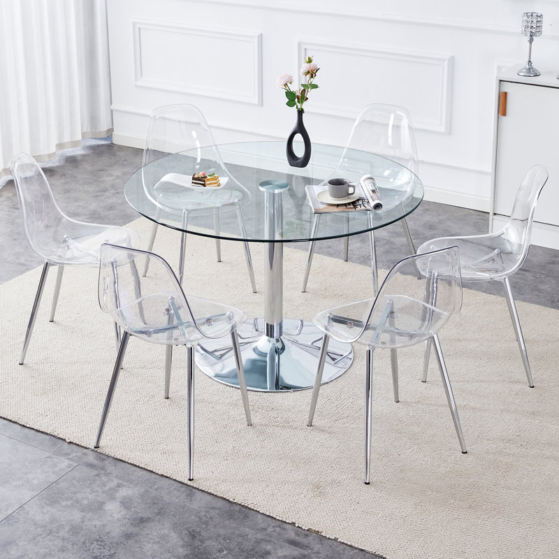 Modern 7-Piece Round Glass Dining Table Set, 40" Tempered Glass Table with 6 Clear Acrylic Chairs and Chrome Pedestal Base, 7