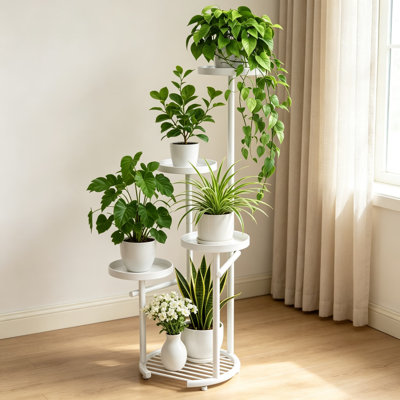 Support d'angle haut pour plantes d'intérieur, présentoir rond en métal à 5 ​​niveaux, organisateur vertical gain de place pour salon, chambre, balcon, terrasse avec conception anti-basculement