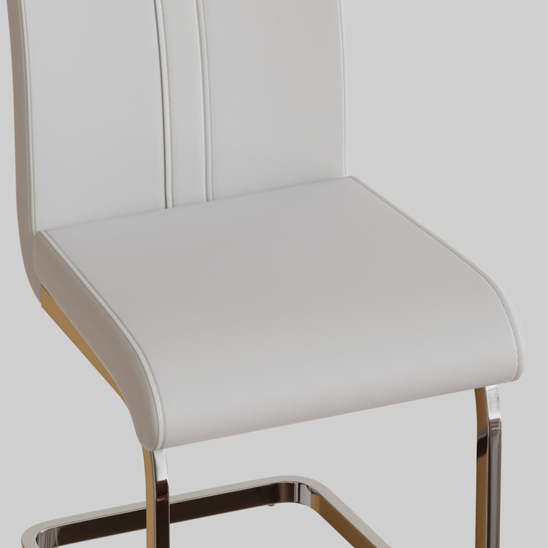 Set of 4 Modern Dining Chairs, Off White Faux Leather Upholstered Chair with Glossy Chromed Legs, White