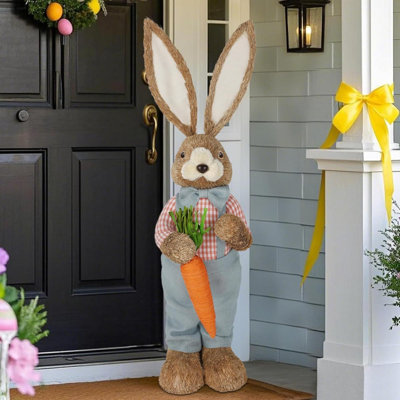 Lapin de Pâques - décorations de Pâques extérieures pour le porche et la maison, statue de lapin en paille debout avec des carottes, décor de printemps campagnard, accessoires pour photo d'entrée (garçon)