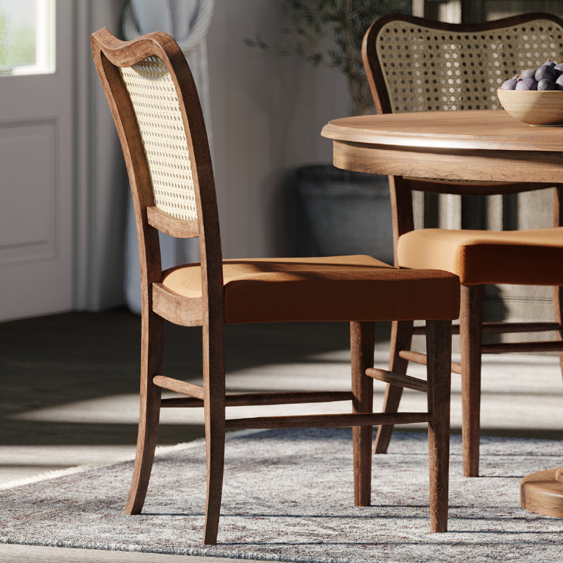 Maven Lane Vera Classical Wooden Dining Chair in Aged Natural Finish with Clay Canvas Fabric Upholstery, Set of 2, Brown