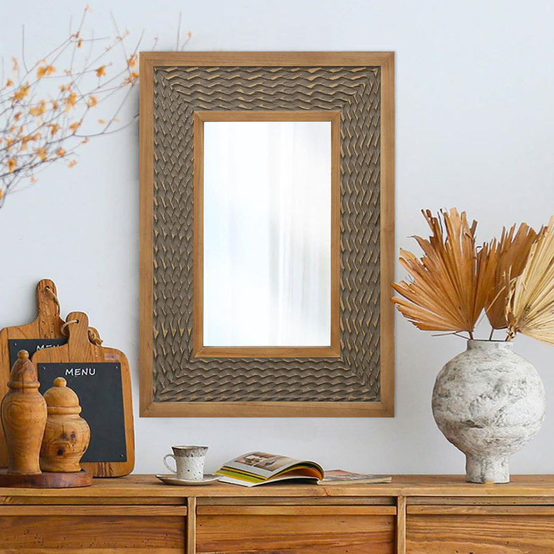 Rectangular Mirror with Textured Wooden Frame, Gray Wood