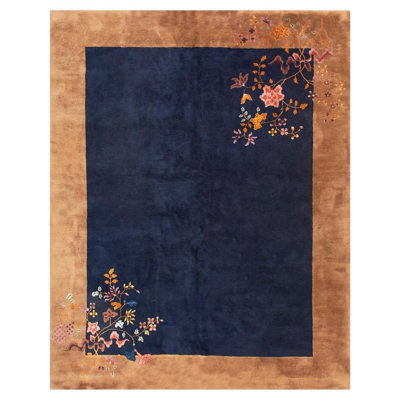 1920s Navy Open Field Floral Modern Knotted Wool Antique Chinese Art Deco Rug