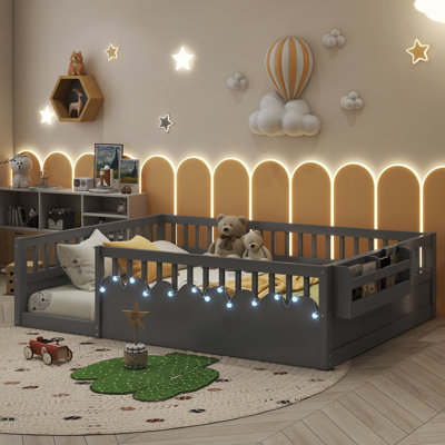 Full Size Floor Bed with High Rails, Solid Wood Montessori Bed with Lights & Storage Shelf for Baby,Kids Bed Frame for Girls, Boys, Floor Bed Frame Without Slats,Grey