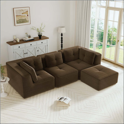 Canapé modulaire désossé moderne pour le salon, tissu en velours côtelé, canapé 3 places avec assise profonde et repose-pieds mobile, passepoil perlé, conception capitonnée, sans assemblage, conception antidérapante