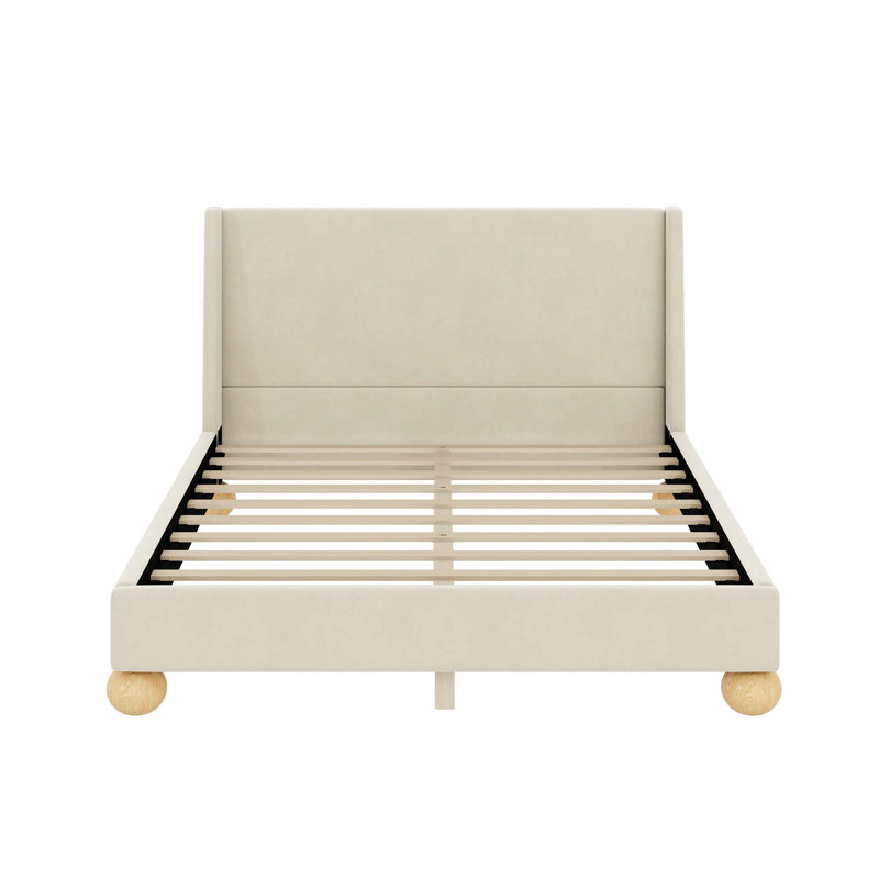 Velvet Bed with Round Wooden Legs, Beige, Queen