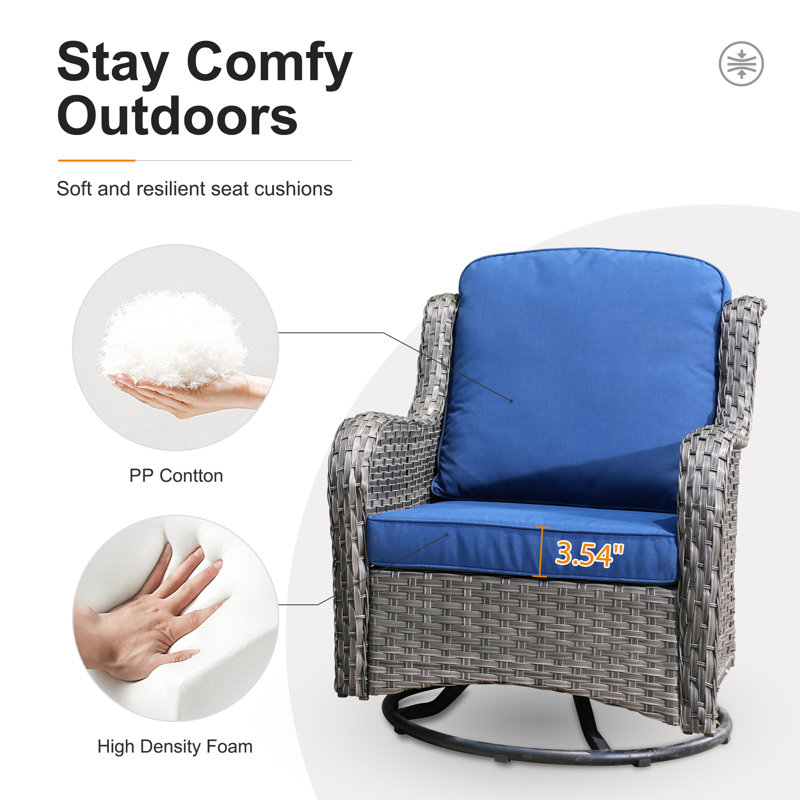 Chaises longues berçantes pivotantes en osier avec coussins et table, Marine, Gris