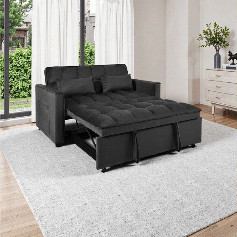 3-in-1 Convertible Sofa Bed With Reclining Backrest, Pull-out Couch With Pillows, Black Velvet