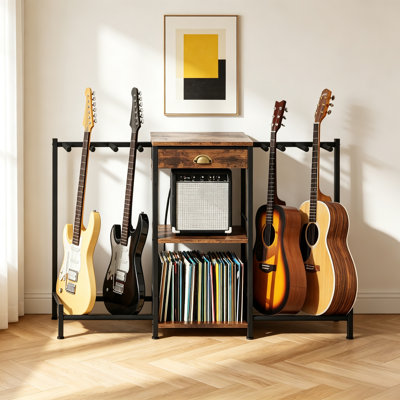 Guitar Stand for 6 Guitars with Charging Station Amp Stand Vinyl Storage, 47 Inch Metal Frame for Studio Home