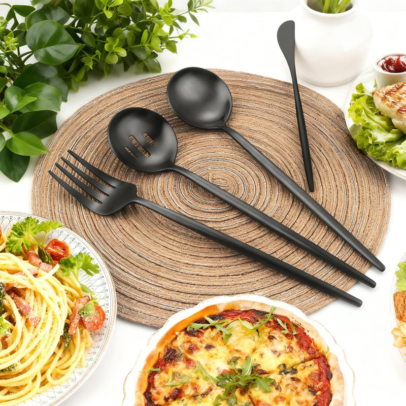 Ensemble de service 5 pièces en acier inoxydable avec finition satinée, lavable au lave-vaisselle, comprenant une grande cuillère, une fourchette, un couteau à beurre, une cuillère à sucre et une cuillère rainurée