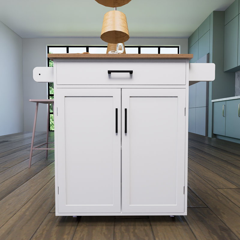 White Kitchen Island Rolling Cart With 1 Drawer And 2 Doors With Storage Rack And Adjustable Shelves And Towel Rack And Spice Rack Rubber Wood Tabletop