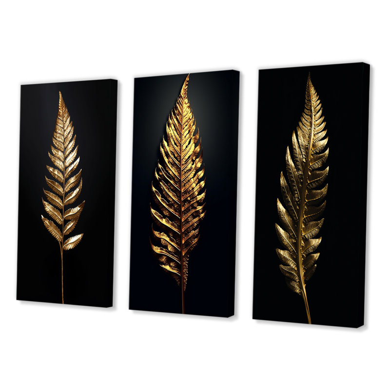 «Golden Fern Leaf On Black V», 3 pièces sur toile, Toile tendue, H 28 po x l 36 po