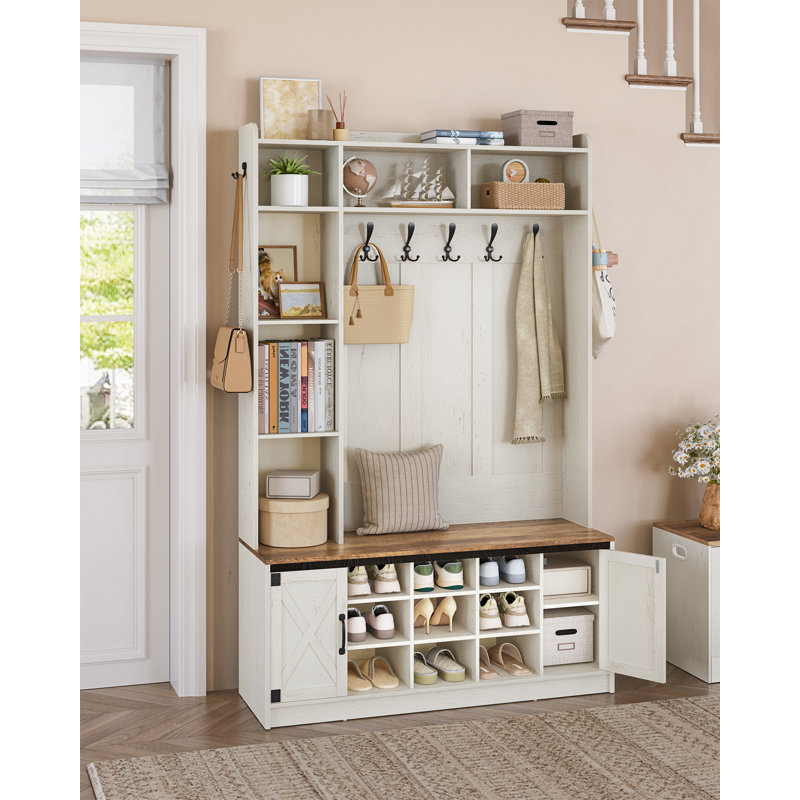 Coat Rack with Shoe Bench, Hall Tree with with LED Lights for Hallway, 15 Open Compartments, Coat Stand with Adjustable Shelves, 7 Hooks, for Living Room, Entrence, White and Brown 