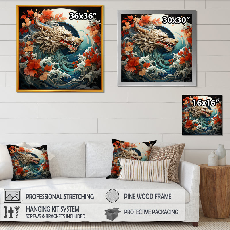 Vague de dragon japonais au large de Kanagawa II - Dragons, art mural, Cadre flottant noir, H 30 po x l 30 po