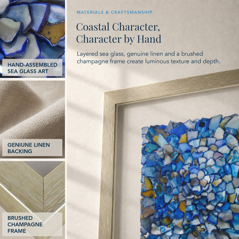 Coryell Blue Seashell Mosaic Wall Art Set with Champagne Frame - Handcrafted 2 Piece Square Coastal Wall Decor