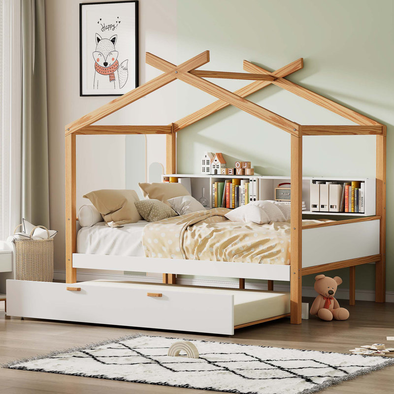 Lit en bois avec lit gigogne et bibliothèque, Double