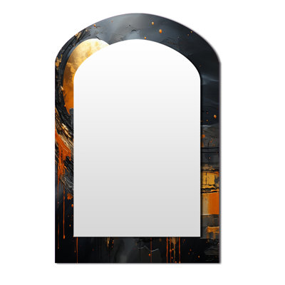 Black and Orange marble moon II - Shapes Asymmetrical Decorative Mirror, Orange Arch Wall Mirror, Printed Metal Art