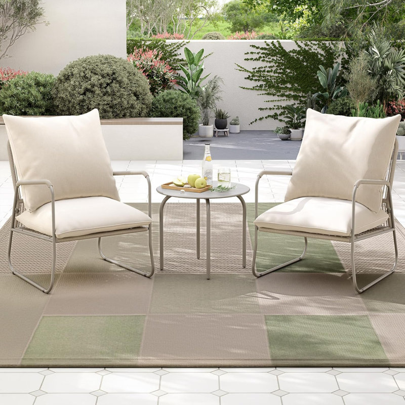 3-Piece Garden Conversation Set,Breathable Woven PE Rattan Chairs with Washable Cushions & Round Metal Coffee Table, Beige