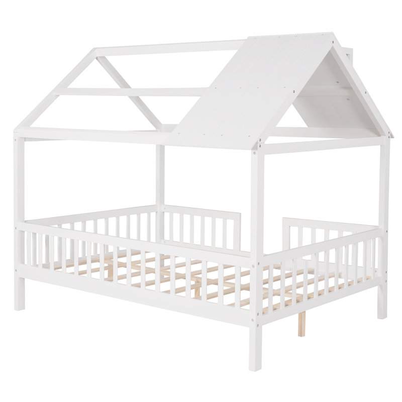 Lit double pour enfant Montessori, structure de lit en bois avec clôture et toit, lit plateforme pour tout-petits blanc