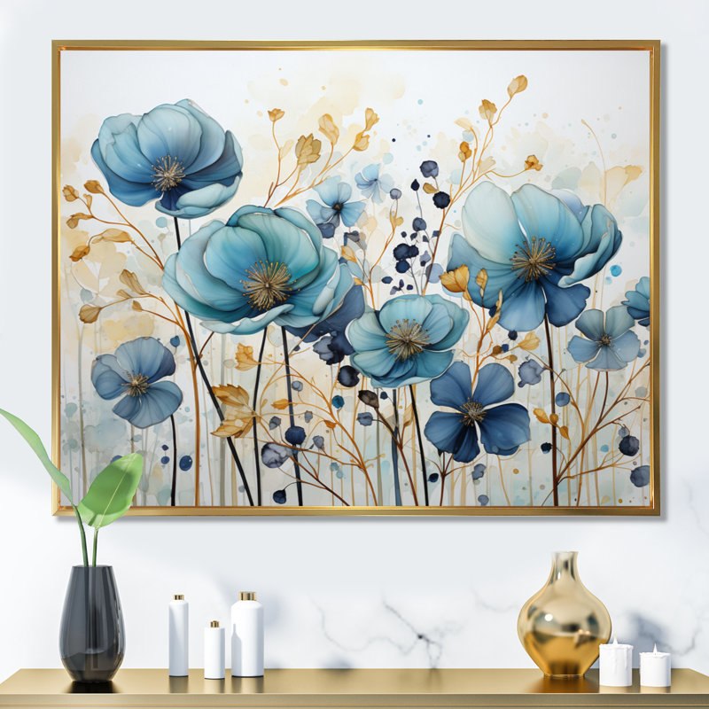 «Bluie Botanical Rhythms - Abstract Botanicals Wall Art Living Room», Cadre flottant doré, H 16 po x l 32 po x P 1 po
