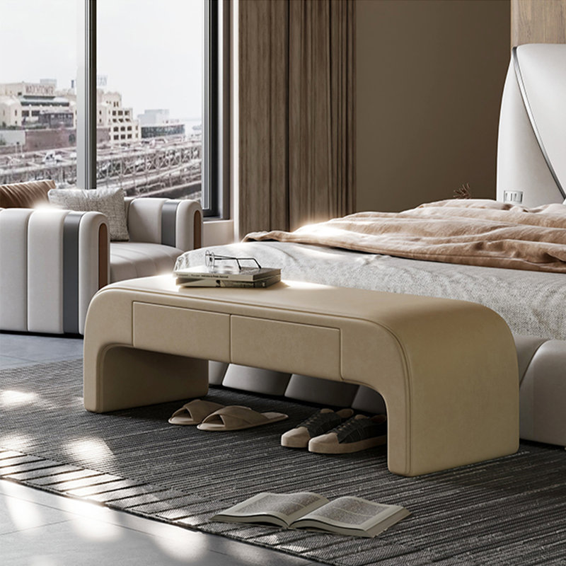 Banc de rangement en bois massif et cuir de style nordique pour chambre et salon, Beige