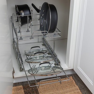 Elizandra Glidez Multipurpose Chrome-Plated Steel Pull-Out/Slide-Out Basket Storage Organizer for Pots and Lids - 2-Tier Dual-Slide Design - Fits Standard Size Cabinet or Shelf, Chrome