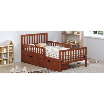 Lit plateforme simple en noyer de pin avec garde-corps de chaque côté et deux grands tiroirs de rangement, surface en bois lisse, structure solide, 8 lattes en bois massif, option pour économiser de l'espace dans la chambre à coucher