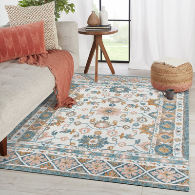 Tapis ivoire / bleu / rose en laine touffeté à la main Floral