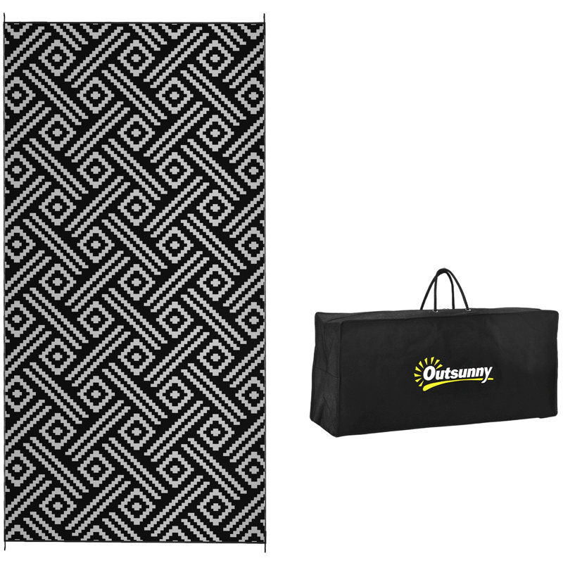 Area Rug, Reversible Outdoor Rug, Waterproof Plastic Straw Floor Mat, Portable RV Camping Carpet, Large Floor Mat For Backyard, Deck, Picnic, Beach, Black & Gray Border