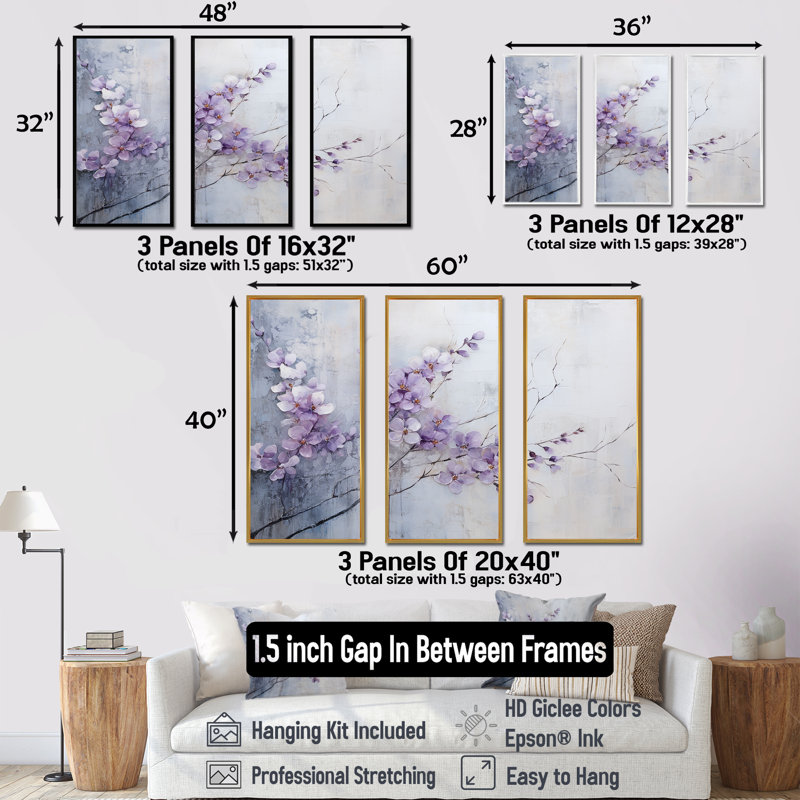 «Violet Minimalisme Violets - Violets», ensemble d'art sur toile, Cadre flottant doré, H 28 po x l 36 po