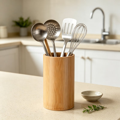 Bamboo Kitchen Utensil Holder for Countertop, Wooden Chopstick Storage Organizer, Cutlery Drying Rack for Spoons, Forks, Spatulas and Tongs