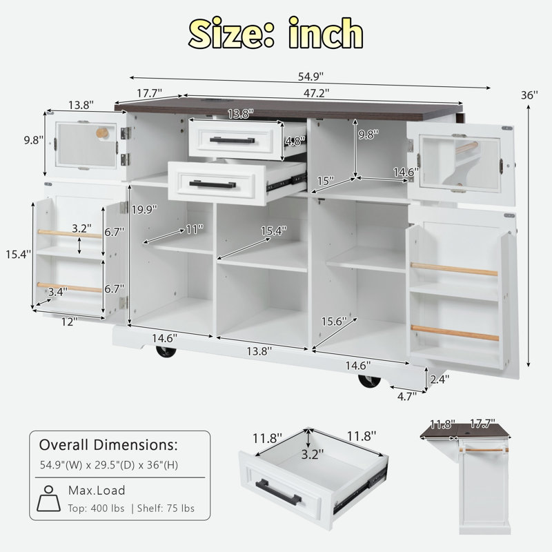 Îlot de cuisine avec abattant, prise électrique, tablettes de porte, tiroirs, tablettes ajustables et roulettes, Blanc