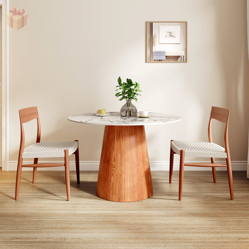 Petite table de salle à manger ronde sur pied en bois massif pour 2 à 4 personnes, durable et élégante avec plateau en pierre frittée