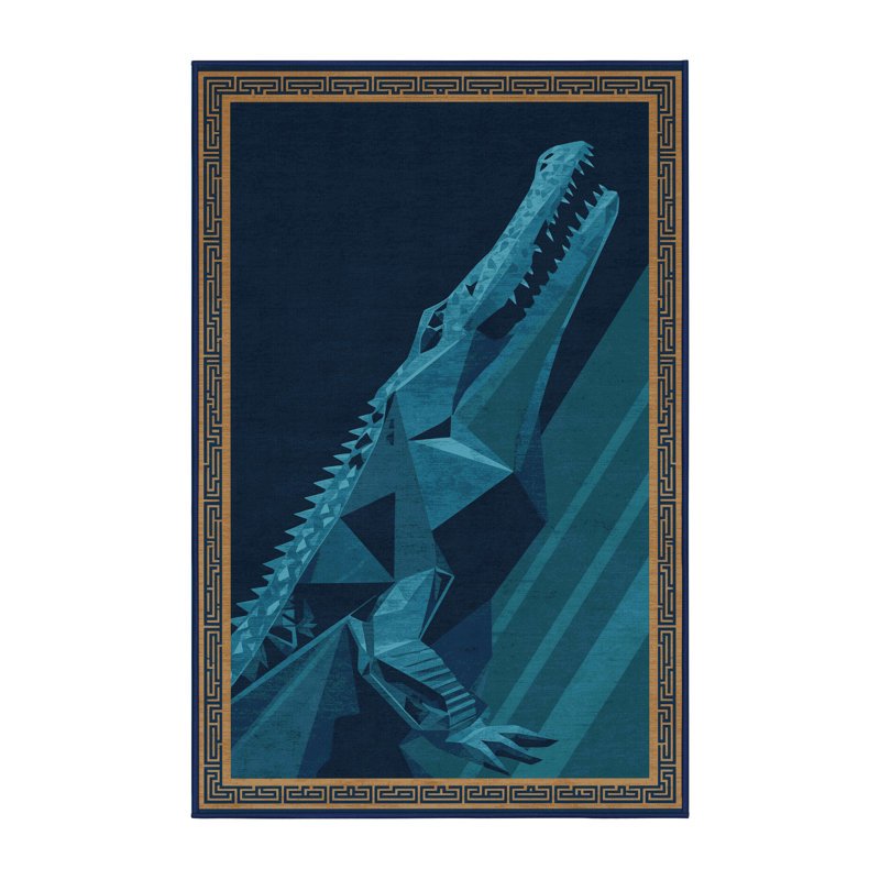 Tapis géométrique rustique bleu lavable à la machine Hamilton Sobek, 7 x 9