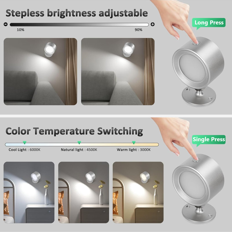 LED Wall Light Rechargeable Battery Operated With Remote, Magnetic Rotation,3 Pcs, Silver