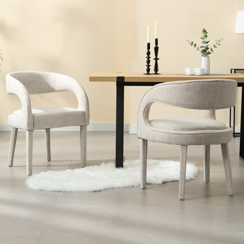 Beige Linen Upholstered Arm Chairs with Wood Legs, Set of 2