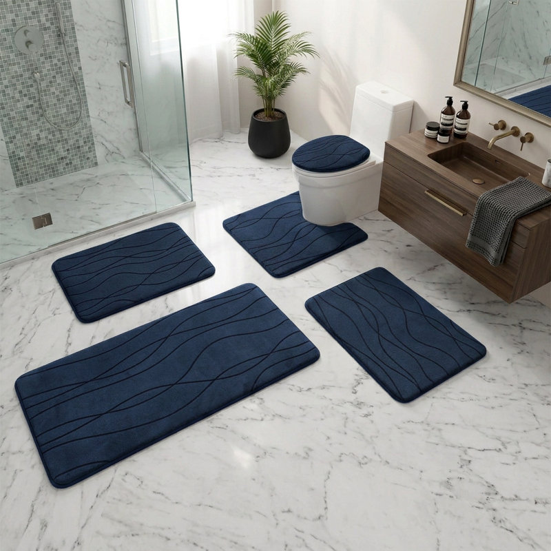 5 Piece High Absorb 25D Memory Foam Bathroom Rug Set with Non-Slip Backing, Dark Blue