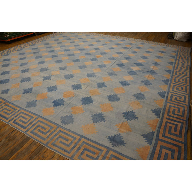 Tapis géométrique en coton tissé à plat de grande taille Mid-Century