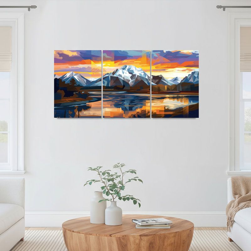 Ensemble de 3 tableaux sur toile représentant un coucher de soleil sur un paysage de montagne, H 30 po x l 60 po