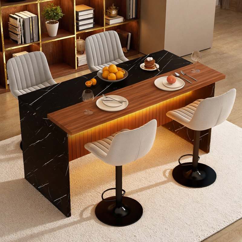 Ensemble d'îlot de cuisine 63 pouces avec 4 tabourets de bar - surface d'aspect marbre avec éclairage DEL, Table, 4 chaises