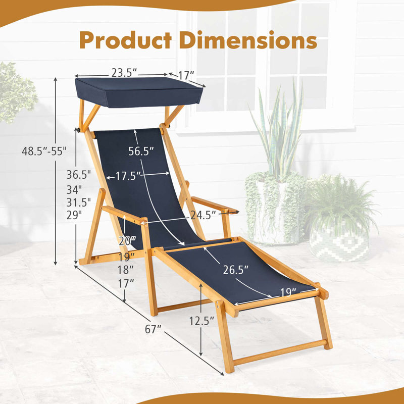 Birch Wood Chaise Lounge Chair With Adjustable Canopy Reclining Backrest & Footrest, Navy/Natural