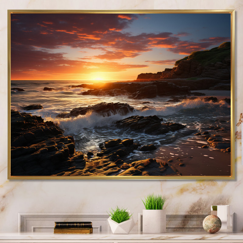 Sunset Radiant Coastal Retreat I, H 12 po x l 20 po x P 1 po, Cadre flottant doré