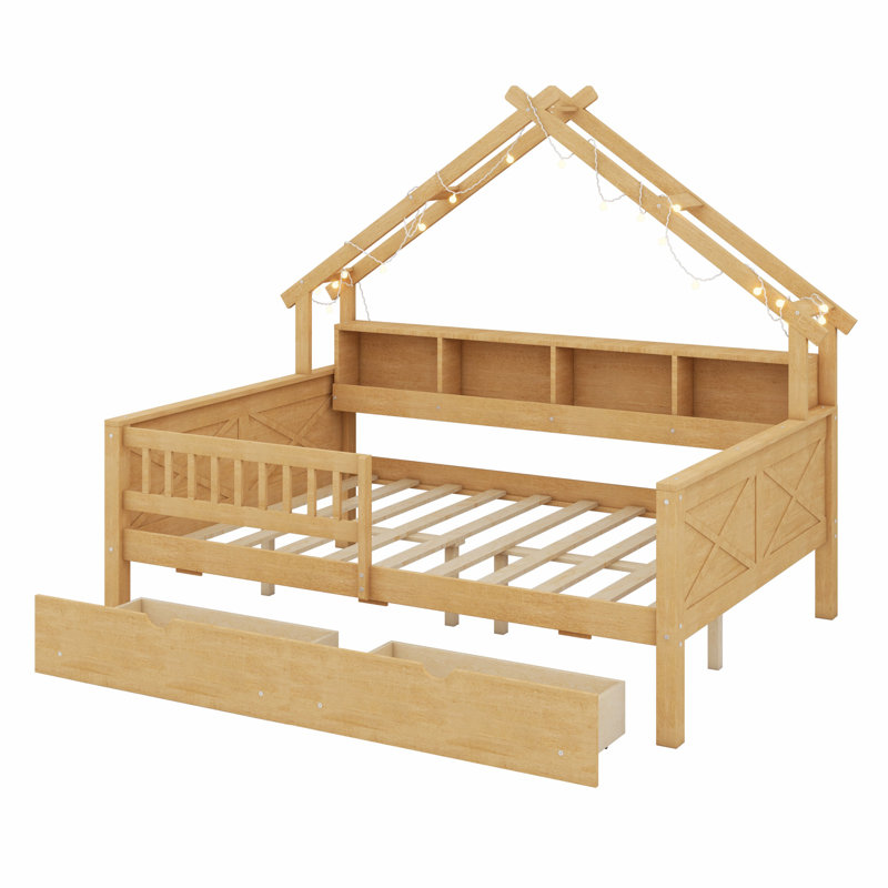 Lits plateforme Woodhouse avec DEL, tablettes de rangement, tiroirs et garde-corps, Naturel