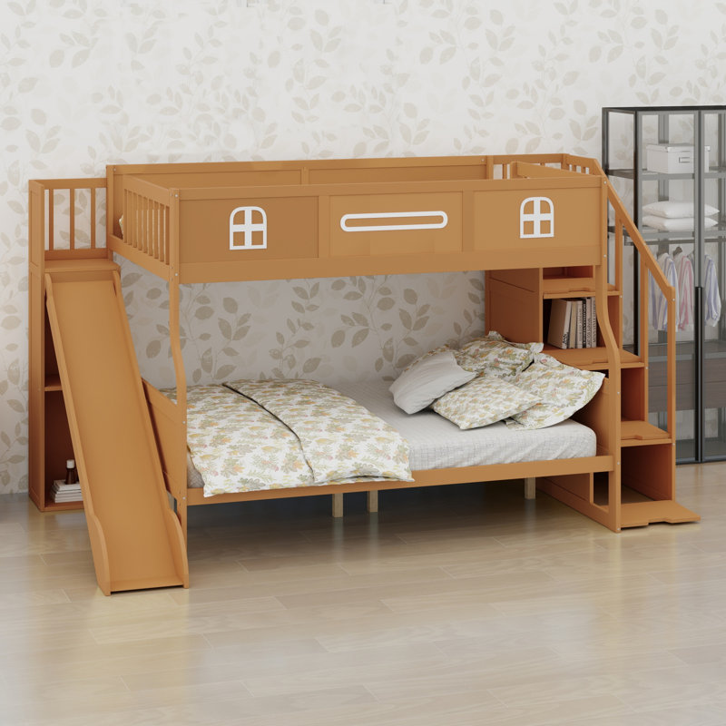 Lit superposé avec glissade et escalier de rangement optimisant l'espace dans les chambres à plusieurs enfants, Naturel