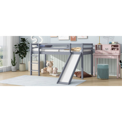 Lit simple mezzanine bas avec glissade, échelle, barrières de sécurité, lit mezzanine simple en bois d'hévéa, gris